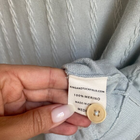 KING & TUCKFIELD POWDER BLUE BRAIDED MERINO KNIT PATTERN SHORT SLEEVE POLO TOP - Picture 6 of 6